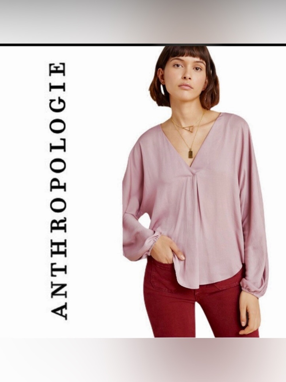 Anthropologie Elegant Flowy Boho Bohemian Chic Pink Mauve V-Neck Blouse